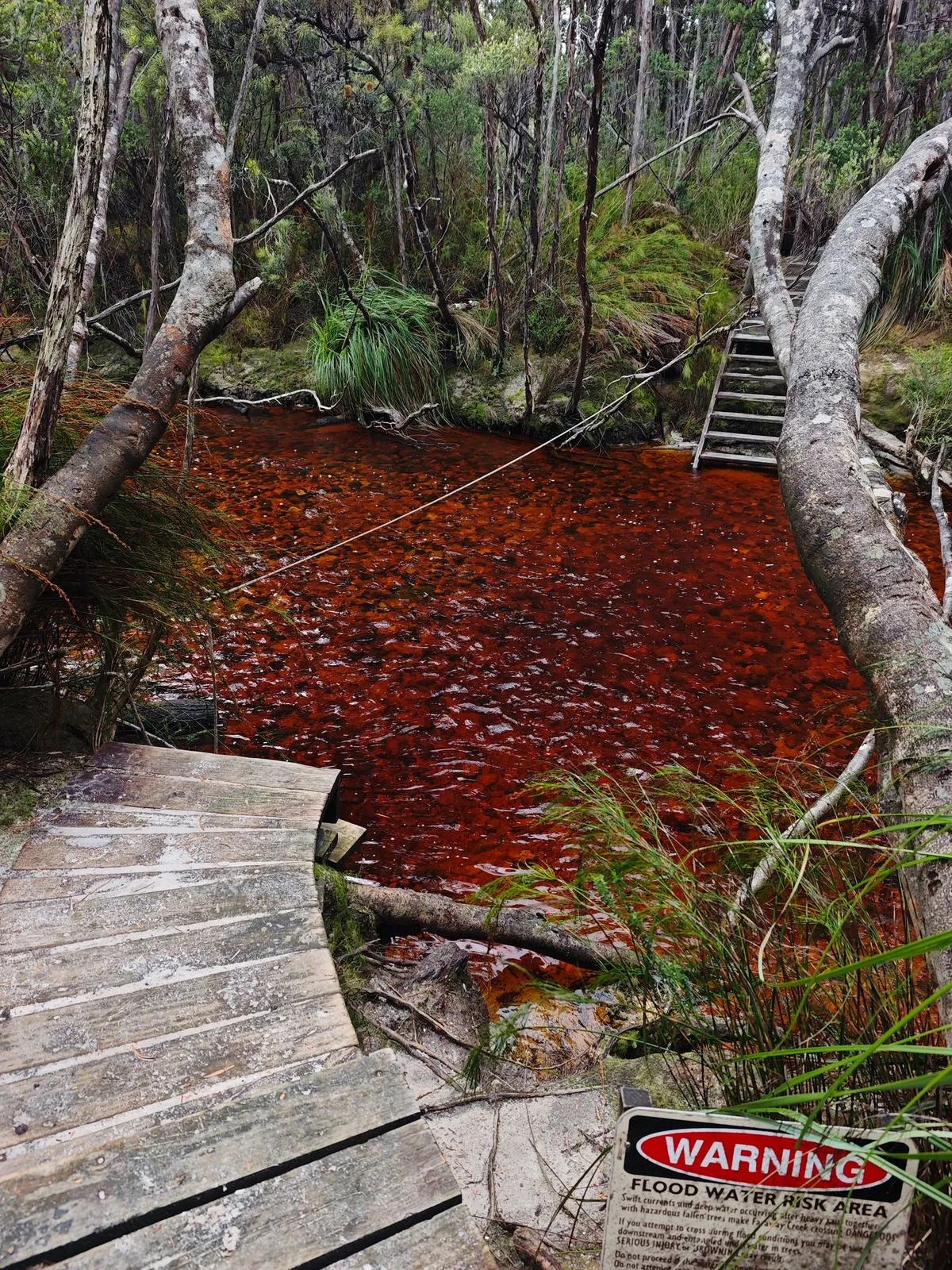 Rivière avec passage à gué équipé d'une corde