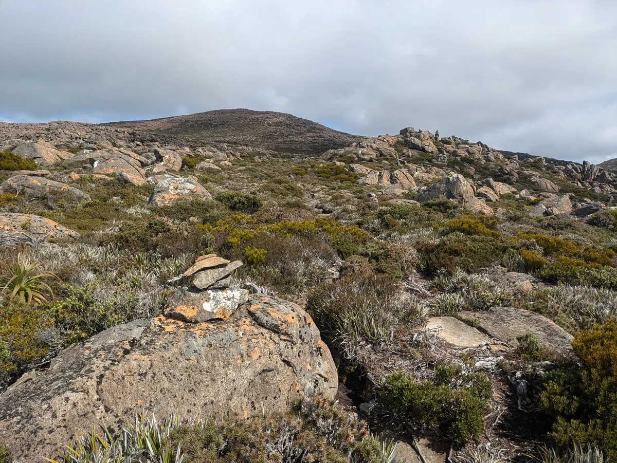 Paysage de dolérite, cairn en premier plan